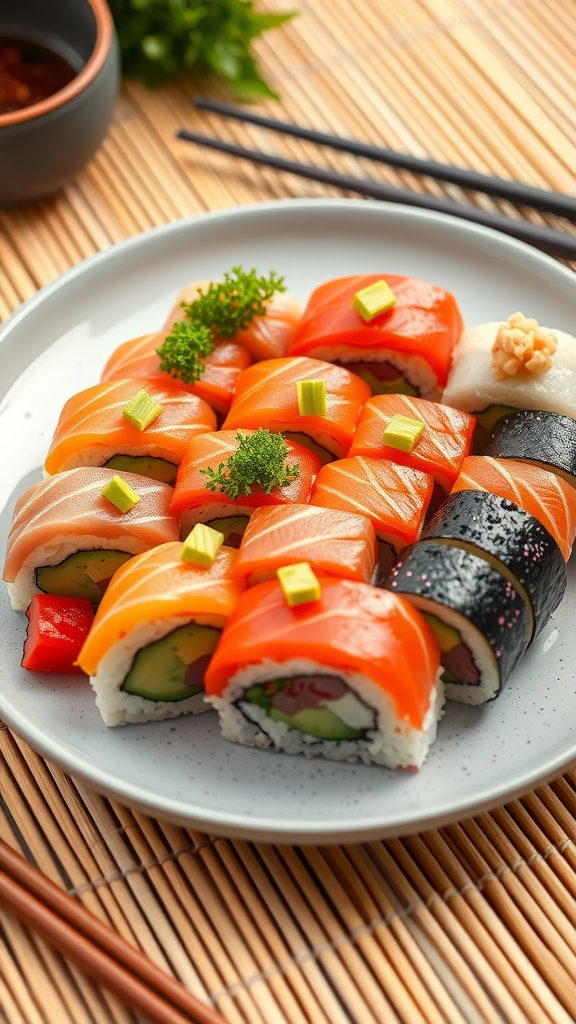 Colorful sushi rolls with fresh fish, avocado, and cucumber, garnished with wasabi and ginger on a bamboo mat.